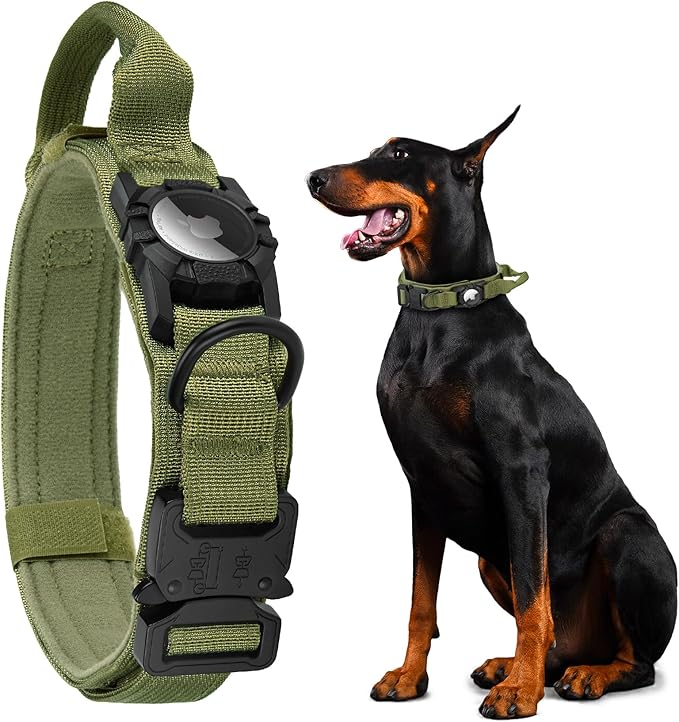 Tactical AirTag Dog Collar - Heavy Duty, Adjustable GPS Collar Compatible with Apple AirTag, with Holder & Control Handle for Medium/Large Dogs [ Green, XL ]