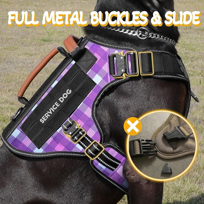 Tactical Dog Harness - HEYCAHVA Service Dog Vest Full Metal Buckles for Medium Large Dog Reflective No Pull Harnesses Vest with Leather Handle, Hook & Loop for Training (Purple, XL)