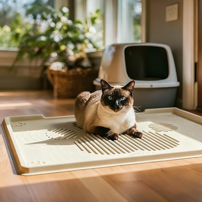 ISSEVE Cat Litter Mat 40" x 28" XL, Extra Large Silicone Mat for Litter Box, 1.38" Raised Edge Urine Waterproof Litter Trapping Mat Pad for Scatter Control, Soft on Kitty Paws, Protect Floor (Beige)