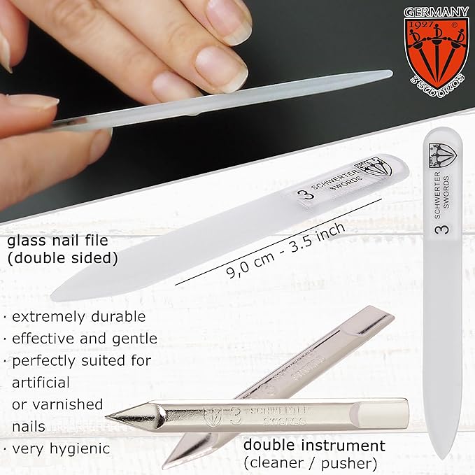 3 Swords Germany - Brand Quality 6 Piece Manicure Pedicure Grooming kit Set - Scissors, Metal and Glass Nail File, Clipper, Tweezers with Synthetic Leather case - red