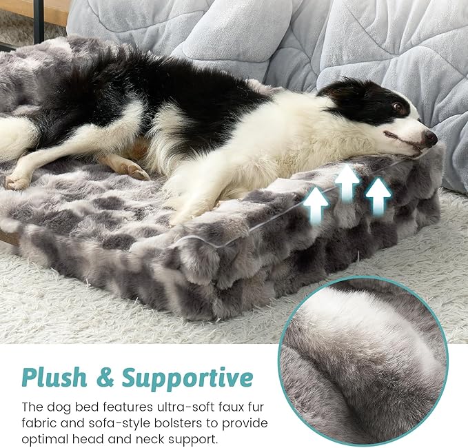 Faux Fur Orthopedic Dog Bed, Large Dog Bed, Supportive Foam Pet Sofa with Waterproof Lining Cover, Washable U-Shaped Pet Couch with Anti-Slip Bottom Design, Tie-dye Grey XL 42x30x7 inch