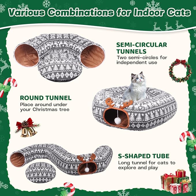 Christmas Cat Tunnel Bed - Cat Tunnels Christmas Tree Skirt for Indoor Cats - Soft Plush Cats Donut Cave with Washable Mat, Pet Play Toy Xmas Decor for Kitten, Rabbit, Puppy, Small Animal