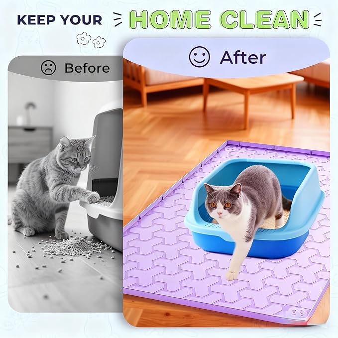 Silicone Cat Litter Mat for Litter Box - 34" X 22"/24" X 15" Waterproof Urine - Proof Mat, Non - Slip Trapping Pad to Keep Floor Clean, Easy to Clean Cat Floor Mat（light purple）
