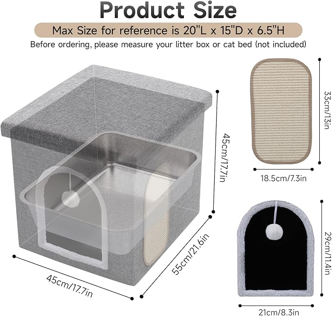 Cat Litter Box Enclosure Furniture, Foldable Hidden Litter Box with Mesh Storage Bag, Litter Box Furniture with Waterproof Inside, Easy Clean, Odor Control, Easy Assembly - 21.6”L x 17.7”D x 17.7”H
