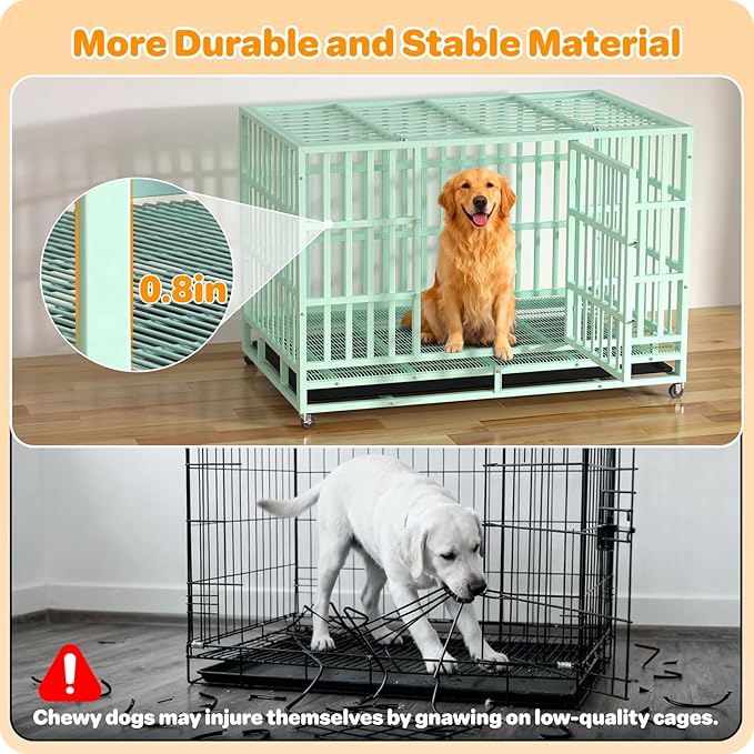 Heavy Duty Dog Crate 48 Inch, Indestructible Dog Crate with Removable Tray, Escape Proof & High Anxiety Dog Kennel Indoor, Metal Dog Cage with Wheels for Large Dogs, XL XXL XXXL