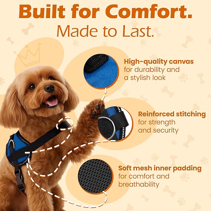 Bark Appeal Blue No-Pull Dog Harness for Extra Small Sized Pets – Adjustable, Reflective Vest with 3 Leash Clips for Added Control, Easy Walks & Training – XS