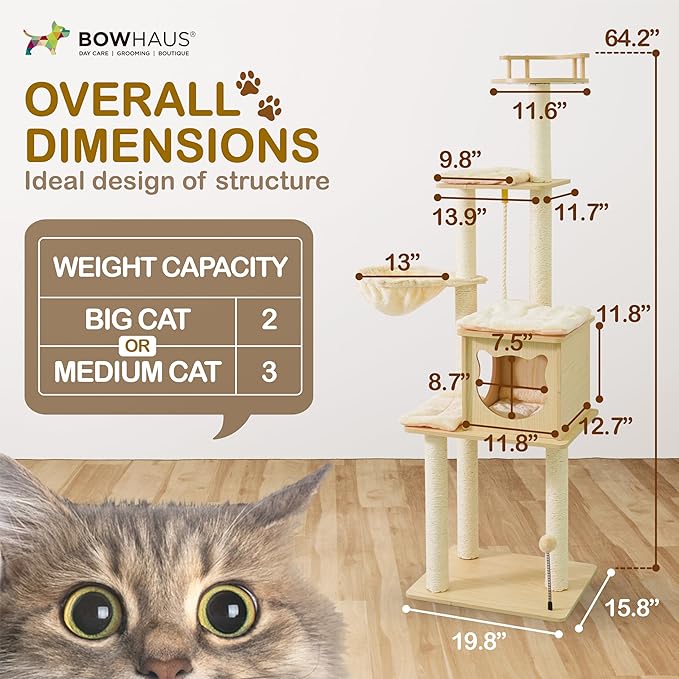 64” Wooden Cat Tree Tower for Indoor Large Cats & Kittens, Modern Tall Cat Climbing Tree w/Cave Condo, Scratching Posts, Hammock, Multi-Level Cat Tower w/Interactive Toy & Detachable Cushion
