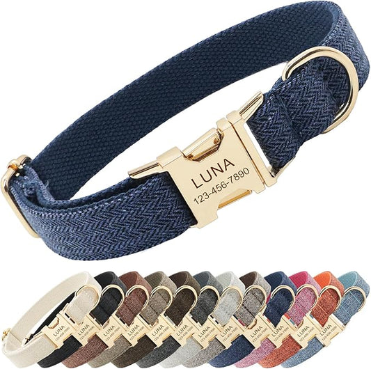 Polyester Personalized Dog Collar with Name and Phone Number, Customizable Laser-Engraved Collar with Metal Quick Release Buckle for Dogs (Dark Blue)