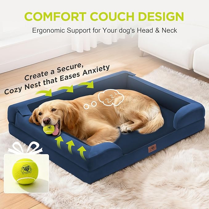 Orthopedic Dog Bed for Extra Large Dogs, XXL Waterproof Egg Crate Memory Foam Pet Bed Bolsters with Removable Washable Cover & Non-Slip Bottom, Tennis Ball Toy, 45x35
