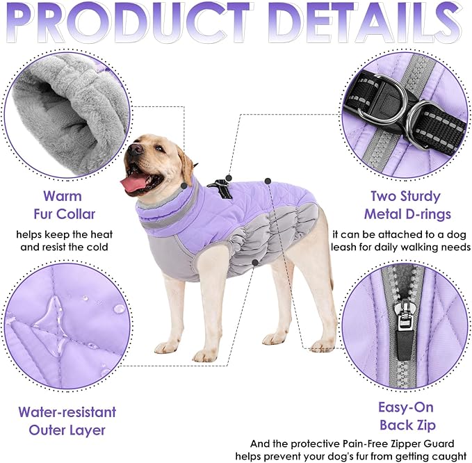 AOFITEE Dog Coat, Warm Dog Jacket, Reflective Winter Coats for Medium Dogs, Turtleneck Dogs Winter Jacket with Harness Built in, Waterproof Windproof Pet Fleece Vest Puffer Jacket, Lilac M
