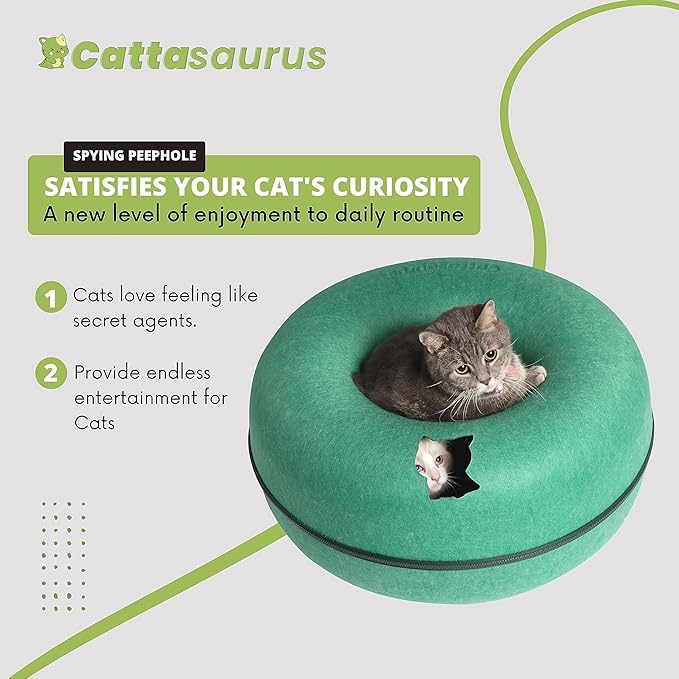 Cattasaurus Peekaboo Cat Cave Donut for Multiple & Large Cats up to 30-45 lbs, 3-in-1 Self Warming Cat Bed, Tunnel & Scratcher for Indoor Cats, Washable & Detachable Dog Bed (Forest Green, Large)