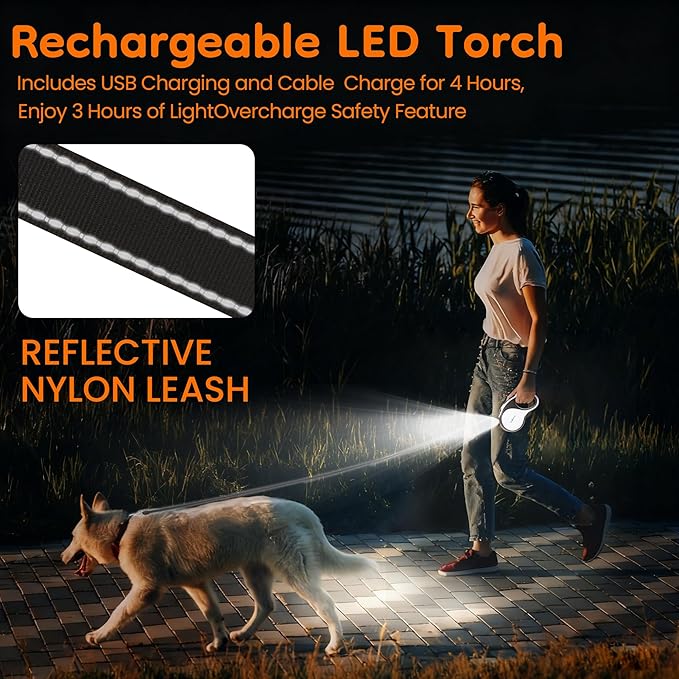 Retractable Dog Leash for Large Dogs with LED Light, 16.4ft Long Pet Leash up to 110lb Pull, 360° Tangle-Free One-Button Control for Small & Large Dogs & Cats, with Charging Cable, White