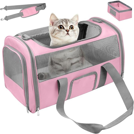 Soft Side Cat Carrier Airline Approved for Puppy Kitten Dog Carriers for Small Medium Cats Under 15lb, Collapsible TSA Approved Travel Pet Carrier, Pink with Grey