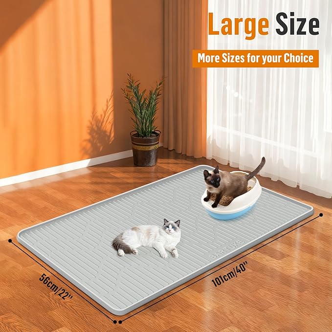 Silicone Cat Litter Mat, 40" x 22" Extra Large Cat Litter Box Mat Litter Trapping Mat for Scatter Control, Waterproof, Soft on Kitty Paws, Clean Floor (Grey)