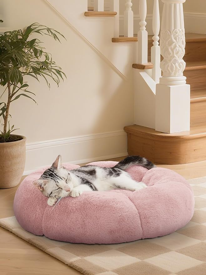 OhGeni 20 inches Calming Donut Dog & Cat Bed for Small Pets, Warming Comfort Fluffy Short Pile Fur, Durable Machine Washable Round Bed, Cute Round Bed for Puppy and Kitten, Pink