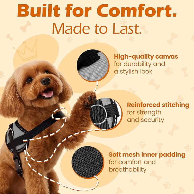 Bark Appeal Gray No-Pull Dog Harness for Small to Medium Sized Pets – Adjustable, Reflective Vest with 3 Leash Clips for Added Control, Easy Walks & Training – M