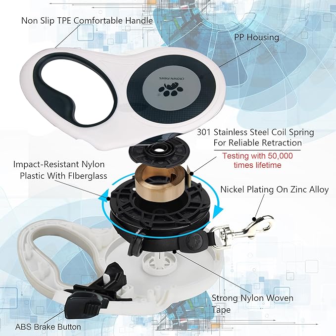 16 ft Retractable Dog Leash for Extra Large Dogs up to 130 lbs,Tangle-Free Nylon Tape,White Dan24 XL