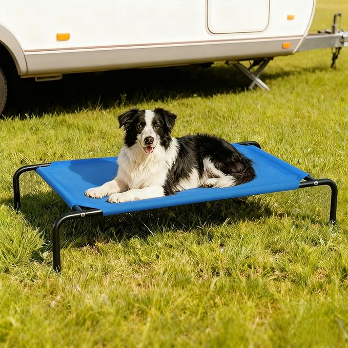 Elevated Dog Bed Waterproof Outdoor Pet Cot Cooling Dog Cot, Raised Bed for Large Dogs with Washable Breathable Mesh, No-Slip Feet, 50.8 x 31 x 8 inches, Blue