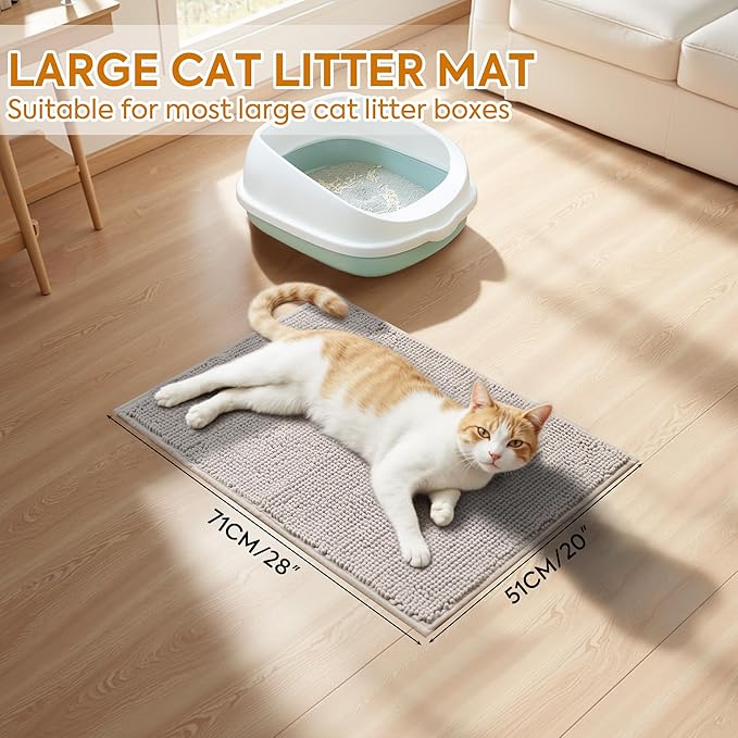 Pieviev Chenille Cat Litter Mat for Litter Box, 28"x22" Soft Ultra Absorbent Mat, Waterproof & Non-Slip, Easy to Clean Litter Trapping Mat for Indoor Cats, Gray