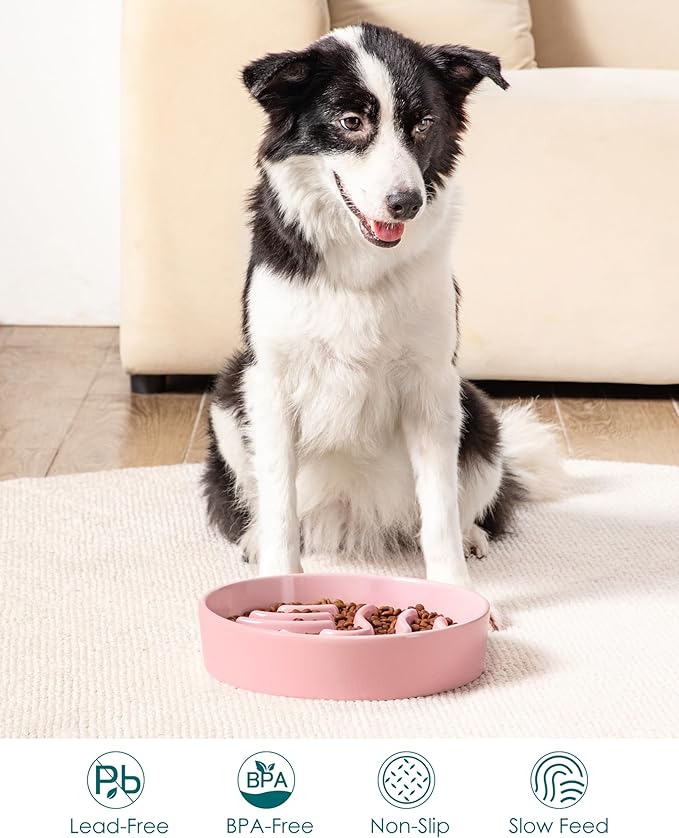 vancasso Slow Feeder Dog Bowl, 3 Cup Ceramic Slow Feeding Food Dish for Large Breed, Puzzle Dog Food Bowl for Fast Eater, Pink