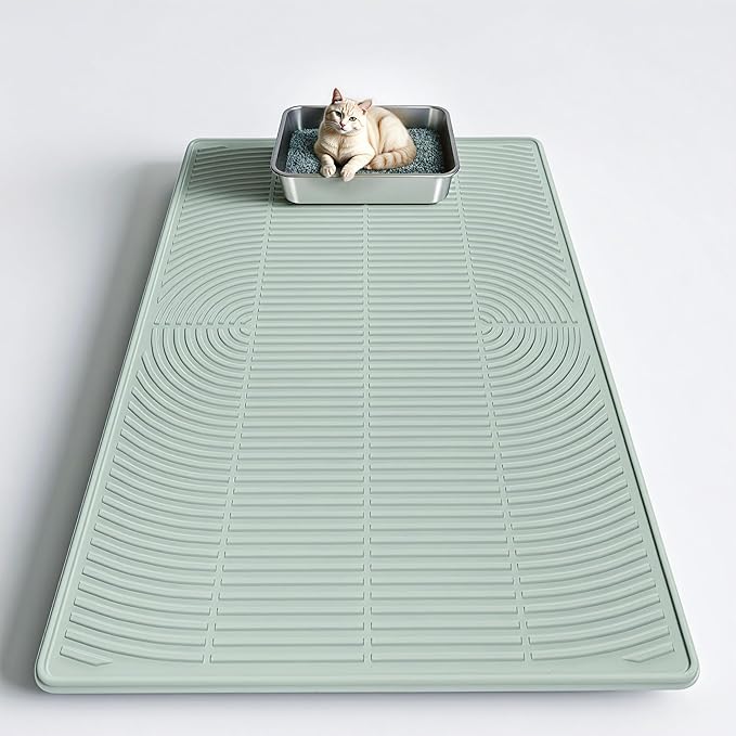 Cat Litter Mat, 40" x 28" Extra Large Silicone Litter Box Mat for Floor, Pet Trapping Litter Rug Pad, Soft Cat Paws, Easy to Clean, Waterproof/Urine-Proof, Garbage Recyclable (Green)