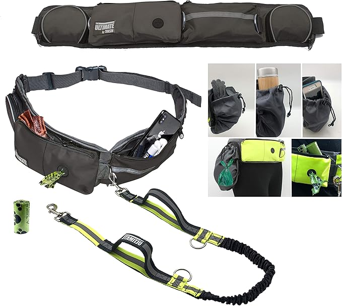 TAKSIN The Ultimate Hands Free Dog Leash System for Walking Running Hiking Training, Reflective Bungee Leash, Treat Holder, Poop Bag Dispenser for Small Medium Large Dogs (Grey Deluxe Pack)
