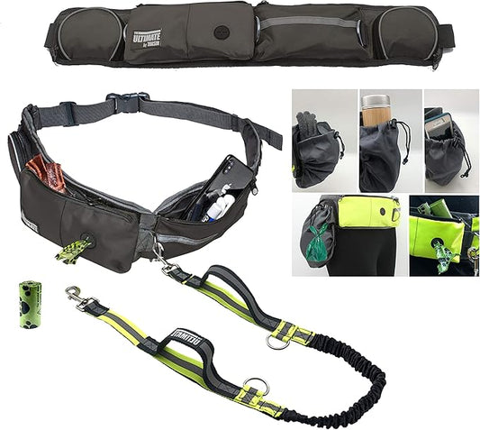 TAKSIN The Ultimate Hands Free Dog Leash System for Walking Running Hiking Training, Reflective Bungee Leash, Treat Holder, Poop Bag Dispenser for Small Medium Large Dogs (Grey Deluxe Pack)