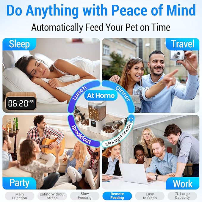 Automatic Cat Feeders 2 Cat with Slow Feed: 7L Dual Automatic Dog Feeder with 5G WiFi, Double Auto cat Food Dispenser for Multiple Pets, Detachable for Easy Clean - 29 Cup (ACF190W-B)