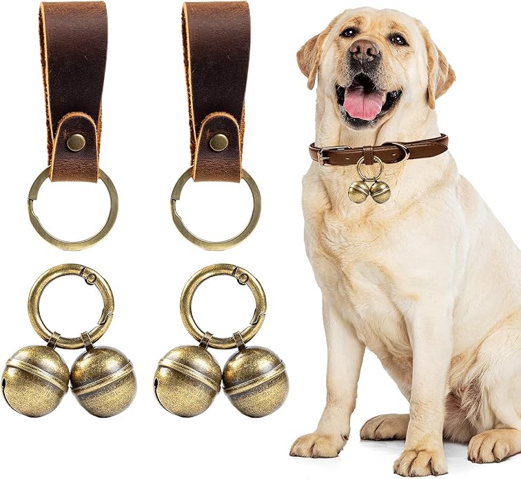 Loud Dog Collar Bells, Durable Pet Bells Tracker for Large Dogs, 4 Copper ells and 2 Leather Button Strap for Outdoor Safety, Pet Tracking, Hiking, Walking