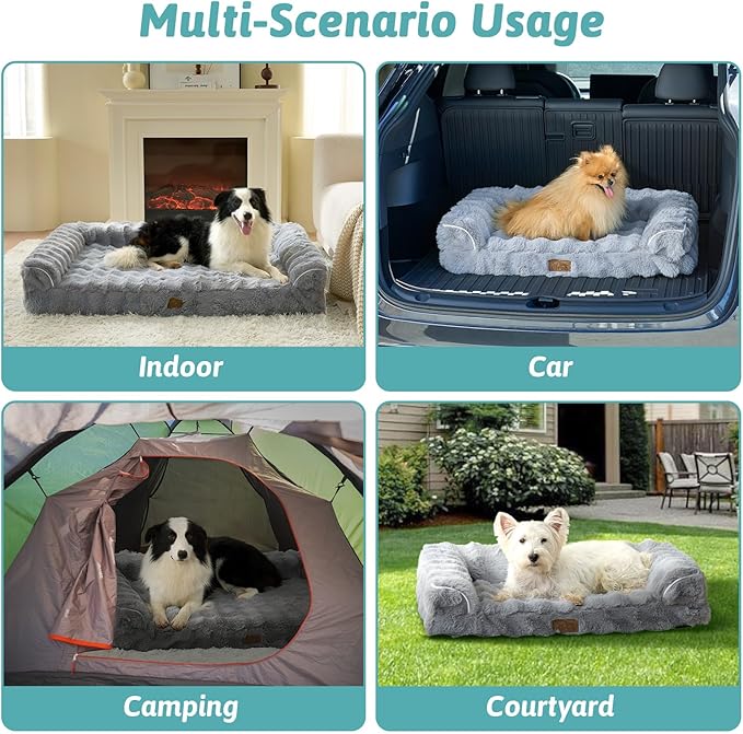 Faux Fur Orthopedic Dog Bed, Extra Large Dog Bed, Supportive Foam Pet Sofa with Waterproof Lining Cover, Washable U-Shaped Pet Couch with Anti-Slip Bottom Design, Grey XXL 48x32x8 inch