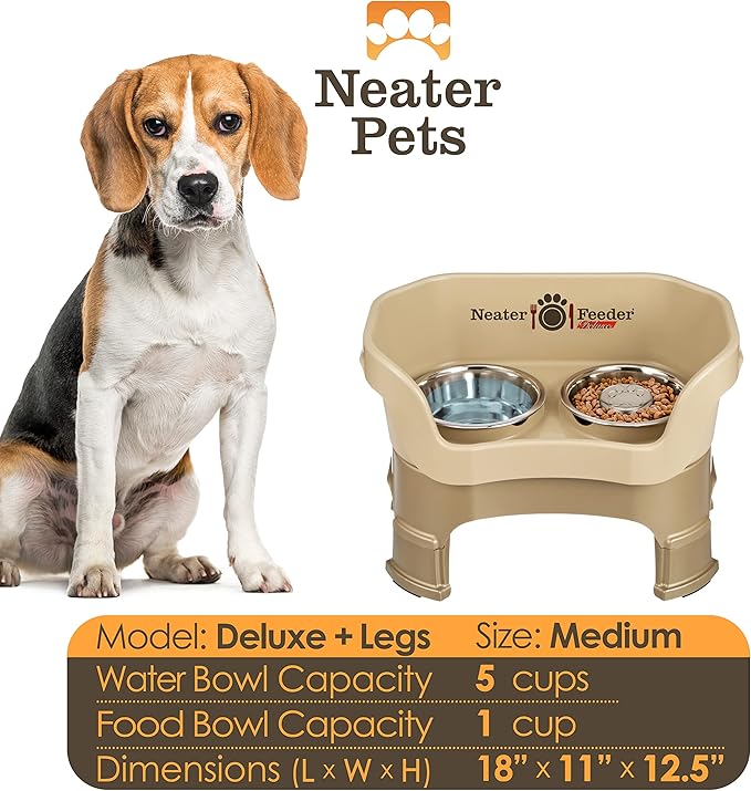 Neater Feeder Deluxe Mess Proof Dog Bowls Elevated for Medium Sized Breeds – Made in USA – No Spill Raised Slow Feeder Elevated Dog Bowl Stand w/Leg Extensions, Food and Water Bowl Set, Cappuccino