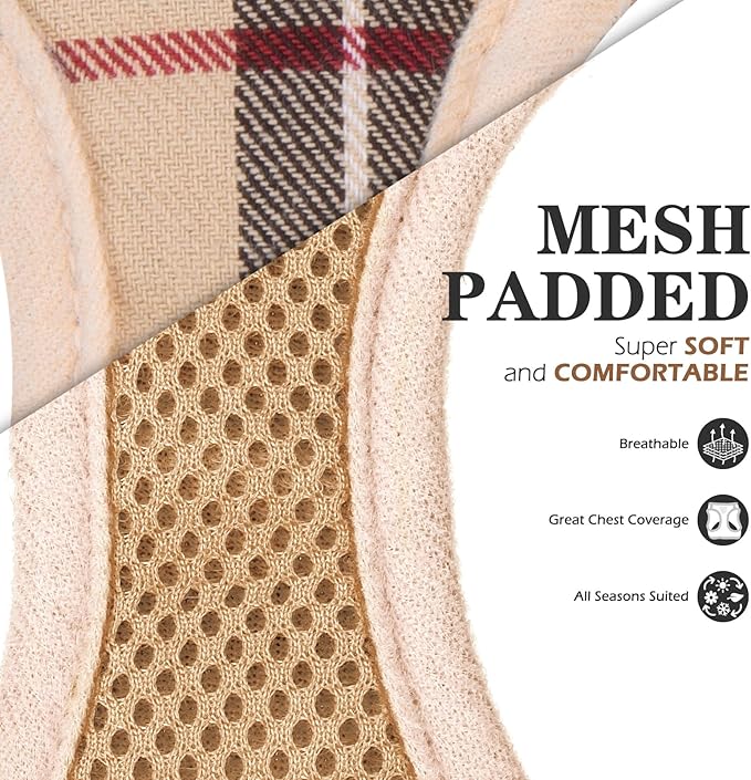 EXPAWLORER Plaid Small Dog Harness and Leash Set with AirTag Holder - Soft Padded Step in Dog Vest Harness Medium Sized Dog, No Pull Reflective Puppy Harness, Collar and Leash for Walking, Khaki S