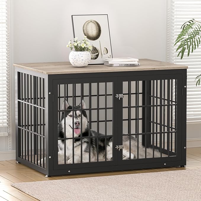 48 Inch Heavy Duty Dog Crate Furniture for Large and Medium Dogs, Decorative Pet House End Table, Wooden Cage Kennel Furniture Indoor, Grey