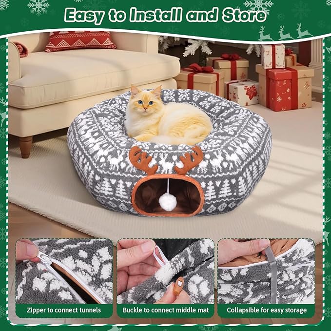 Christmas Cat Tunnel Bed - Cat Tunnels Christmas Tree Skirt for Indoor Cats - Soft Plush Cats Donut Cave with Washable Mat, Pet Play Toy Xmas Decor for Kitten, Rabbit, Puppy, Small Animal