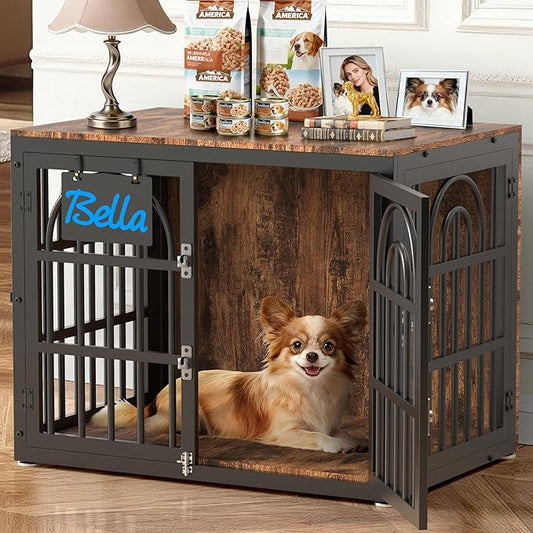 32" Dog Crate Furniture, Heavy Duty Dog Crates, Dog Kennel Furniture Indoor for Small Dog as TV Stand, Wooden Cage End Table for Indoor Decoration, Name Tag Escape-Proof Locks & Double Door