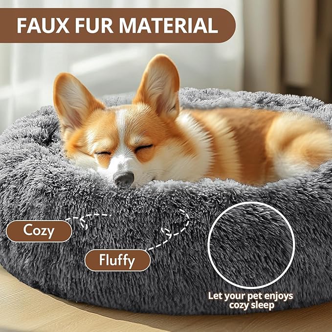 JOLLYVOGUE Calming Dog Bed for Small Dogs - 23 inches Donut Washable Small Dog Bed for Kittens & Puppies, Anti-Slip Round Fluffy Plush Faux Fur Cat Beds (Fits up to 25 lbs Pets, Smoke Black)