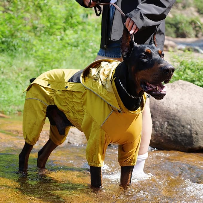 LOVELONGLONG Waterproof Dog Raincoat with Removable Hood – Outdoor Full Body Dog Jacket, Windproof Snowproof Shell Suit – All Season Pet Rain Gear Mustard Yellow S