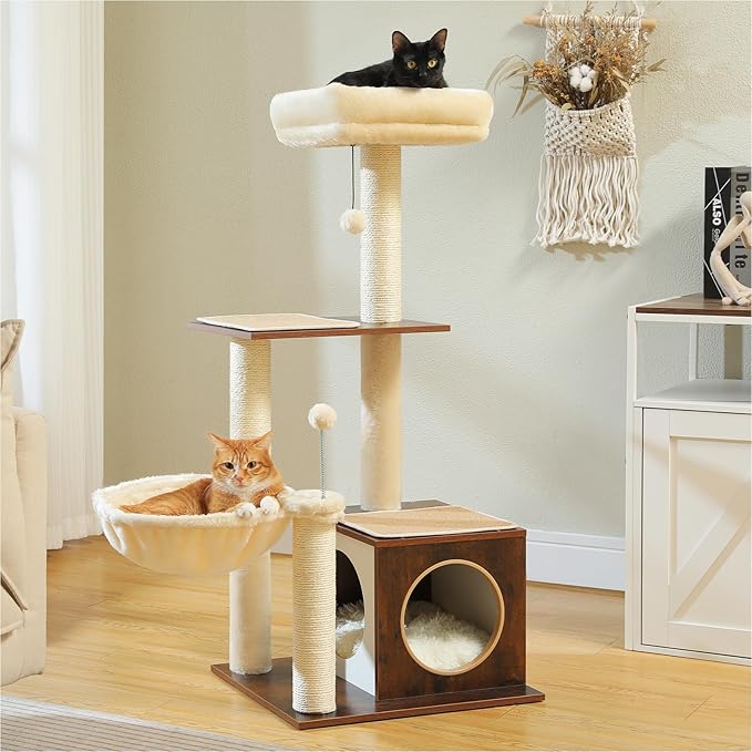 Modern Cat Tree for Indoor Cats, Small Cat Tower with Cat Condo, Scratching Posts, Top Perch and Metal Frame Hammock, Wooden Play House with Anti-Slip Mat, Brown