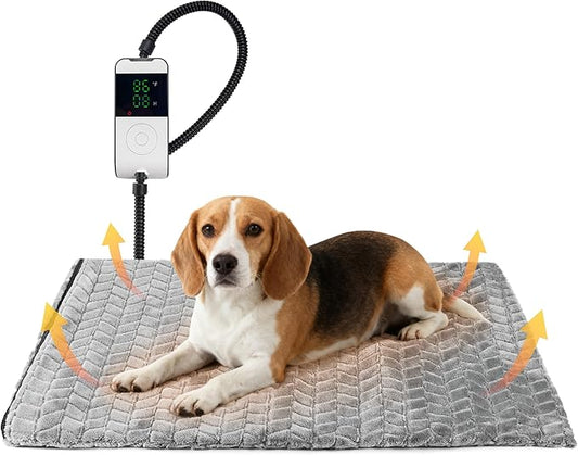 PatiencET 18"x28" Heated Pet Bed – Large Cat & Small Dog Heating Pad, 6-Temp Thermostat, 5-Timer, Washable Flannel Cover, Warming Mat for Sofa, Crate, Kennel
