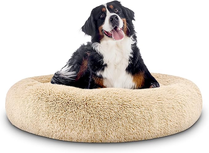 The Dog’s Bed Sound Sleep Donut Dog Bed, XL Beige Fur Calming Nest Bed Removable Cover, Veterinary Approved