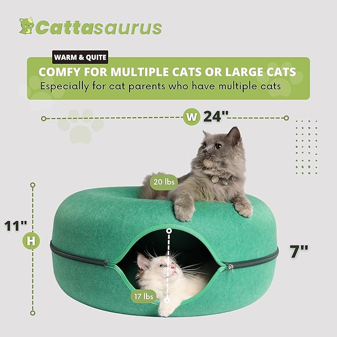 Cattasaurus Peekaboo Cat Cave Donut for Multiple & Large Cats up to 30-45 lbs, 3-in-1 Self Warming Cat Bed, Tunnel & Scratcher for Indoor Cats, Washable & Detachable Dog Bed (Forest Green, Large)