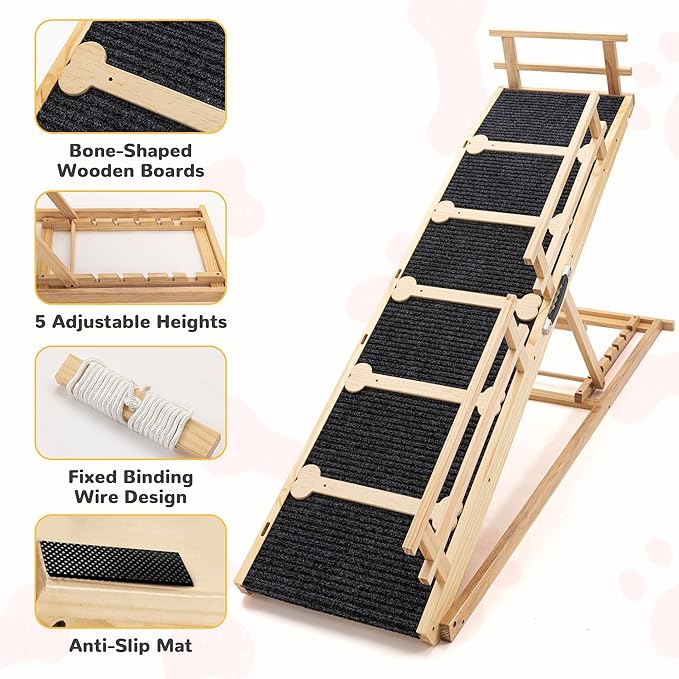 AQUILLA 60.9" Natural Wood Dog Ramp for Bed,Couch & Car,5-Level Adjustable Wooden Pet Ramp with Plush Anti-Slip Surface,Removable Rails,Angle Lock,Folding Dog Ramp for Small & Senior Pets, 200 lbs