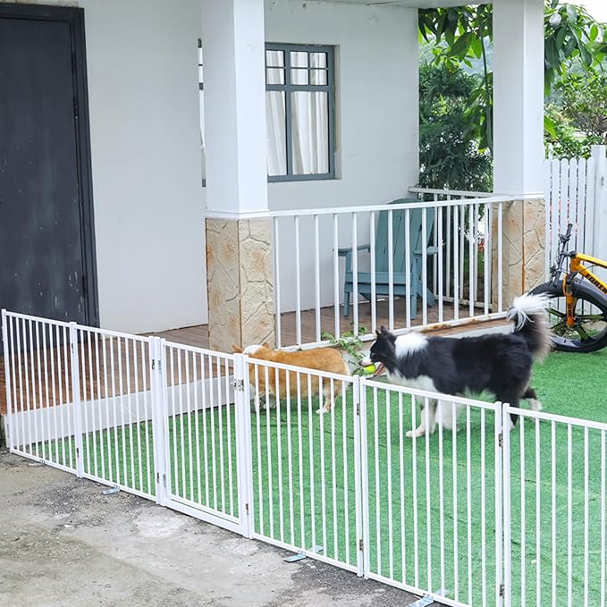 No Pawblems Free Standing Dog Gate with Door, 30'' Tall Foldable Dog Fence for Indoor & Outdoor, Up to 208 Inch Extra Wide Puppy Gate for Stairs, Hallways, Doorways, Deck, Yard (White, 8 Panels)