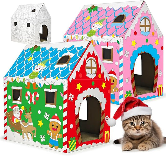 Cinrobiye Christmas Cardboard Cat House with Scratcher DIY Coloring Pet Gingerbread Board Bed Cave Playhouse Hideaway Hideout Condo Decor Animals Scratch Box for Indoor Cats Kittens Rabbits Bunny
