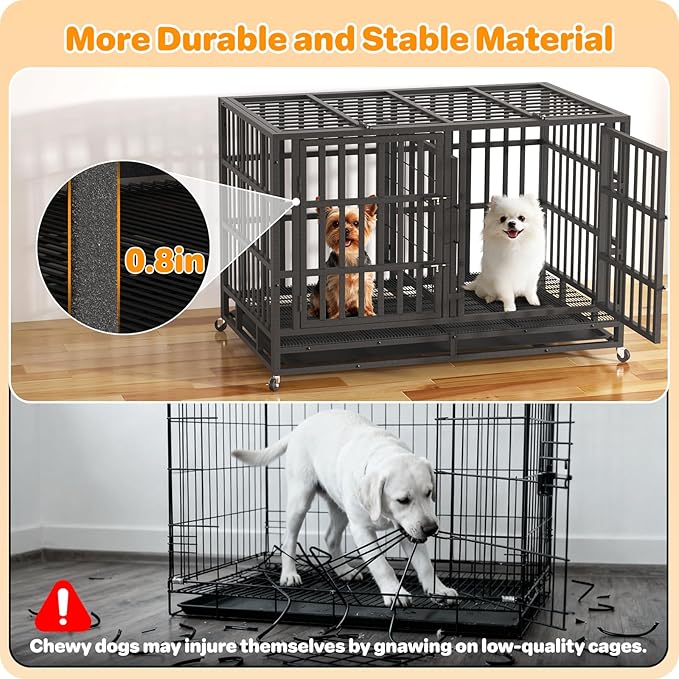 Heavy Duty Dog Crate 48 Inch, Indestructible Dog Crate with Removable Tray, Escape Proof & High Anxiety Dog Kennel Indoor, Metal Dog Cage with Wheels for Large Dogs, XL XXL XXXL