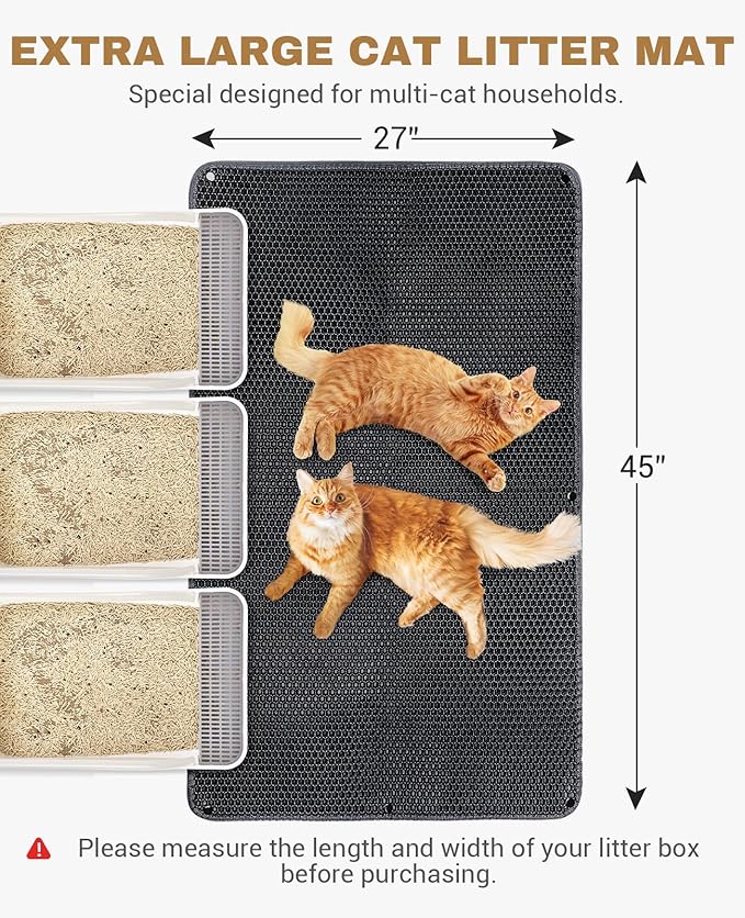 Fostanfly Cat Litter Mat, 45"x 27" Kitty Litter Trapping Mat, Extra Large XL Honeycomb Scatter Control, Urine & Waterproof, Machine Washable, Black