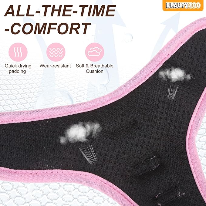 BEAUTYZOO No Pull Dog Harness and Leash Set with 2 Metal Leash Clips - Overhead-Free 3 Snap Buckles Design, Adjustable No-Choke Soft Padded Reflective Oxford Pet Vest for Small Medium Large Dogs, Pink