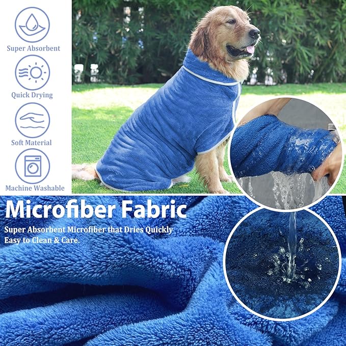 Dog Bathrobe Towel Dog Drying Coat - Super Absorbent Towels Bath Robe for Dogs Large, Soft Adjustable Collar & Belly Strap Fast Drying Coat Pet Cat Bath Robe (Medium Blue‌, 3X-Large)