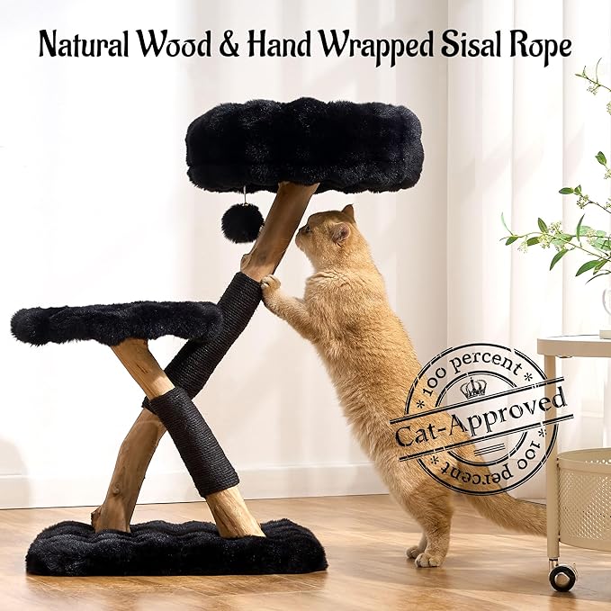 Natural Wood Cat Tree for Indoor Cats Adults, 33in Modern Cat Tree Tower with Super Soft Plush Cat Bed & Perch, Sisal Scratching Posts and Hanging Plush Ball, Sheen Black