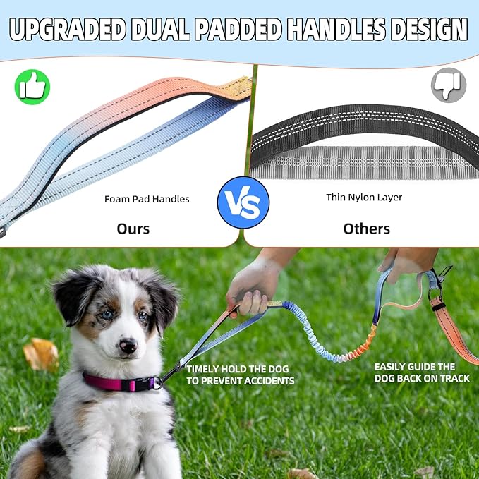 Roses&Poetry Hands Free Dog Leash with Zipper Pouch, 6-9ft Bungee Waist Leash for Medium Large Dogs Walking, Running Lead with Dual Padded Handles Car Safety Buckle for Training Jogging